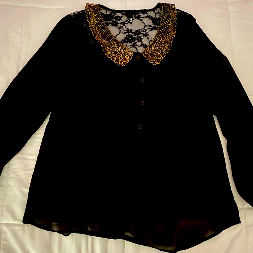Black sheer short with gold lace collar